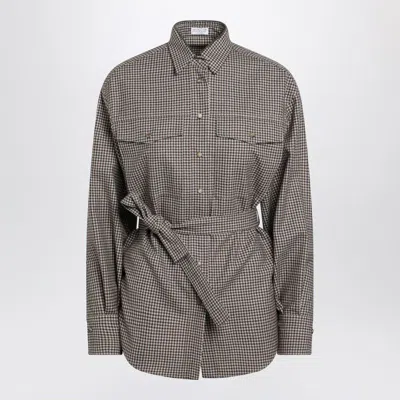 BRUNELLO CUCINELLI BRUNELLO CUCINELLI CHECKPATTERN SHIRT WITH BELT AND SHINY COLLAR DETAIL