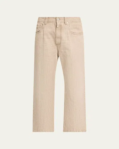 Brunello Cucinelli Check-print Denim Straight-leg Crop Pants In Pink