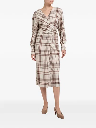 Brunello Cucinelli Check-print Wrap-style Midi Dress In Multi