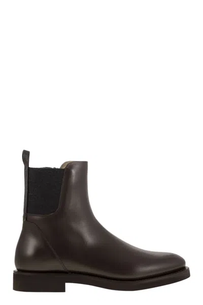 Brunello Cucinelli Chelsea Boot In Matt Calfskin With Shiny Detail In Brown