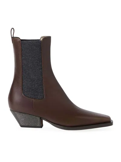 Brunello Cucinelli Chelsea Boot In Vitello Riding Con Precious Heel In Brown