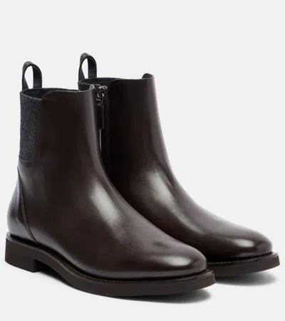 Brunello Cucinelli Chelsea Monili Leather Ankle Boots In Brown