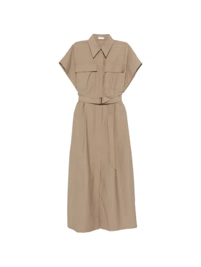 Brunello Cucinelli Chemise Dress In Technical Cotton And Nylon Poplin With Belt In Brown
