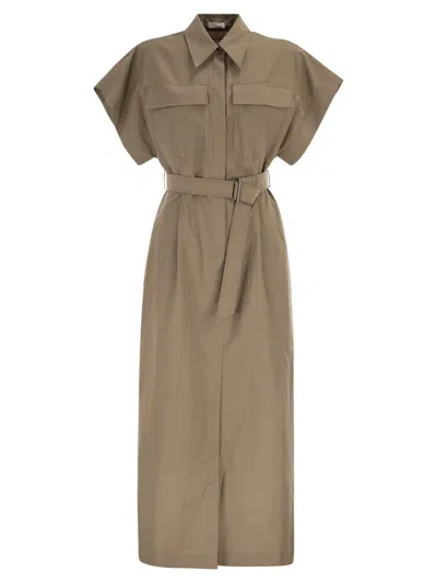 Brunello Cucinelli Chemise Dress In Technical Cotton And Nylon Poplin With Belt In Brown