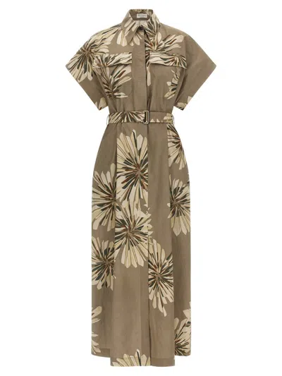 Brunello Cucinelli Shirt Dress Belted Waist Floral Print Short Sleeves In Neutral