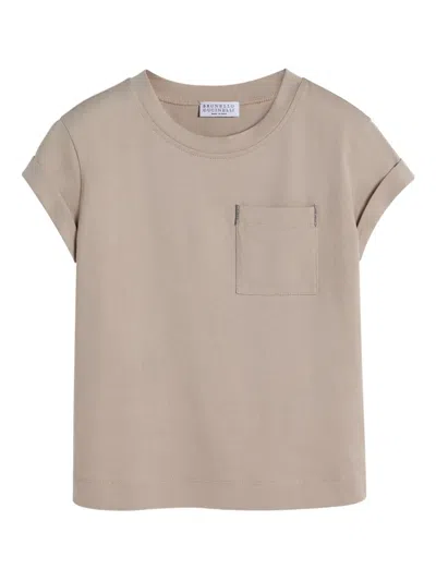 Brunello Cucinelli Kids' Chest-pocket Cotton T-shirt In Brown