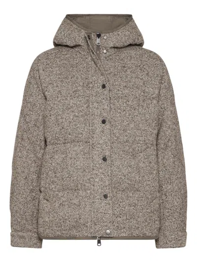 Brunello Cucinelli Chevron Down Jacket With Hoodie In Brown