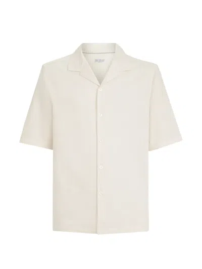 Brunello Cucinelli Linen And Cotton Chevron Jersey Short Sleeve Shirt With Camp Collar In Neutral