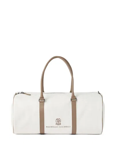 Brunello Cucinelli Chevron Leather-trimmed Holdall In Neutral