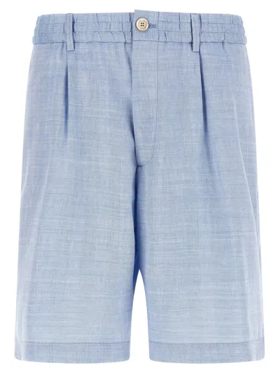 Brunello Cucinelli Chevron Linen-wool Blend Bermuda Shorts In Blue