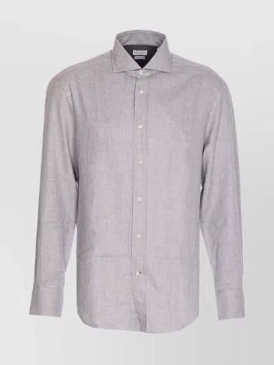 BRUNELLO CUCINELLI CHEVRON MOTIF FLANNEL SHIRT WITH BUTTON-DOWN COLLAR