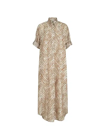 Brunello Cucinelli Chevron-print Silk Dress In Brown