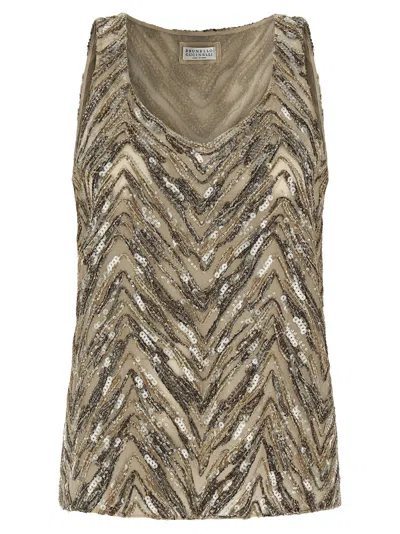 Brunello Cucinelli Chevron Sequin Embroidered Tank Top In Brown