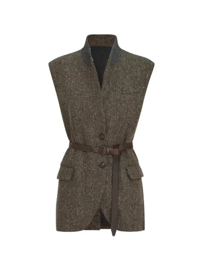 Brunello Cucinelli Chevron Virgin Wool Vest In Green