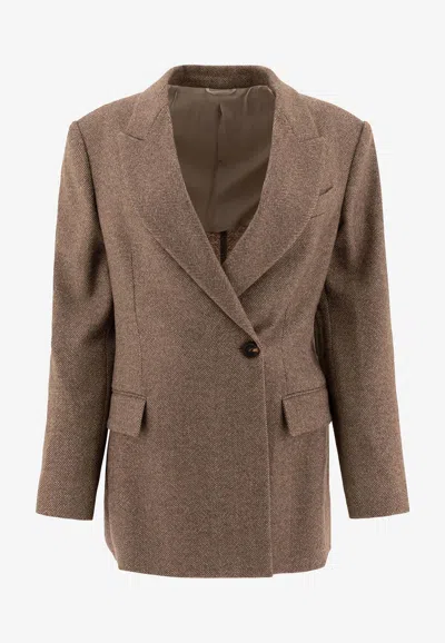 Brunello Cucinelli Chevron Wool Double-breasted Blazer In Brown