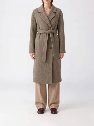 Brunello Cucinelli Chevron Wool Double-breasted Belted Coat In Brown