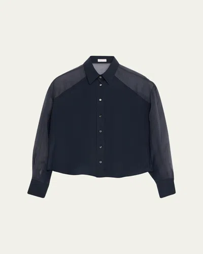 Brunello Cucinelli Chiffon Raglan Sleeve Button-down Shirt In Animal Print