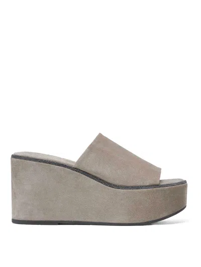 Brunello Cucinelli Suede Slide Wedge Platform Sandals In Beige