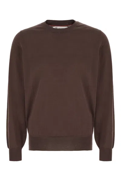 Brunello Cucinelli Ribbed Design Lightweight Cotton Sweater In Dark Brown English White