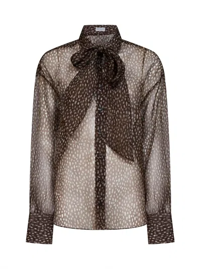 Brunello Cucinelli Chocolate Dapple Silk Organza Shirt With Neck Tie In White