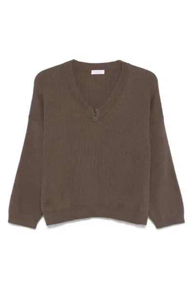 Brunello Cucinelli Chocolate Knitwear With Deep V-neckline And Relaxed Fit In Brown