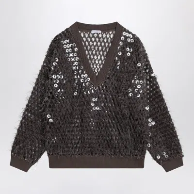 Brunello Cucinelli Chocolate Mesh Top With Sequins Women In Brown