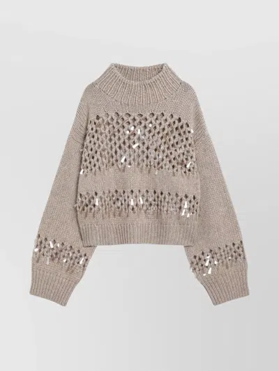 Brunello Cucinelli Chunky Knit Openwork Sweater Featuring Sequins In Gray