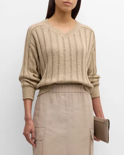 Brunello Cucinelli Chunky Ribbed Knit Sweater With Paillette Detail In C9190 Beige