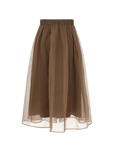 Brunello Cucinelli Circle Pleated Silk Midi Skirt In Brown