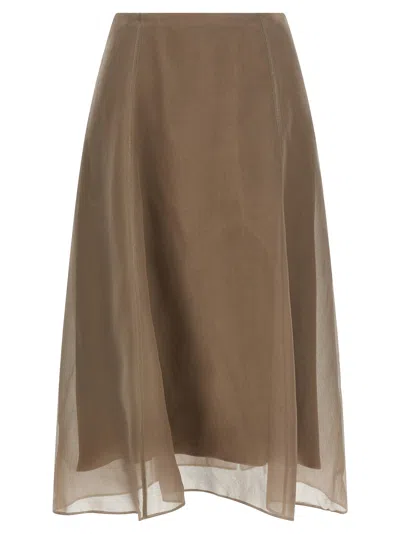 Brunello Cucinelli Silk Midi Skirt In Brown