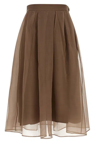 Brunello Cucinelli Midi Circle Skirt Elasticated Waist Silk In Brown