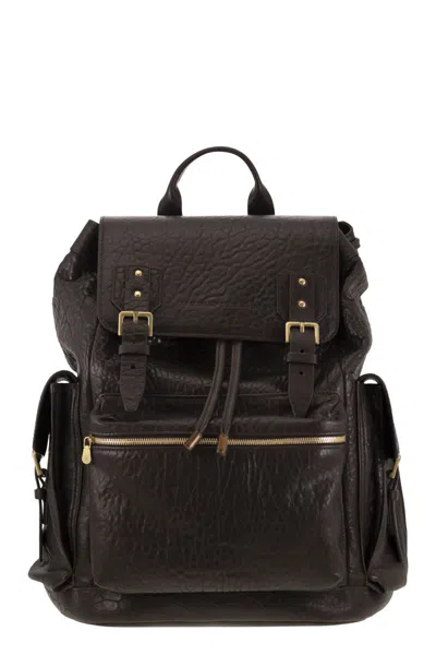 Brunello Cucinelli City Backpack In Leather With Texture Grain