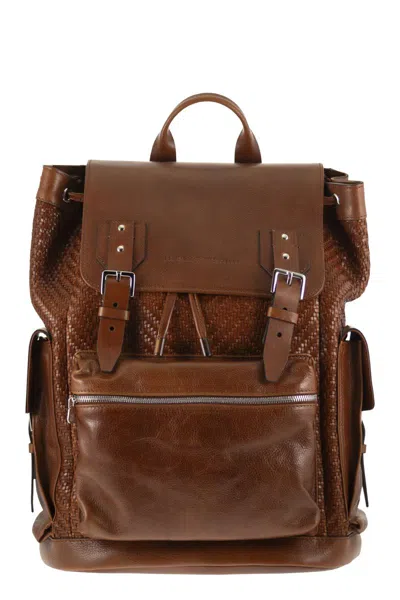 Brunello Cucinelli City Backpack In Woven Calfskin And Cowhide Leather