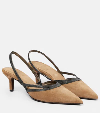 Brunello Cucinelli City Embellished Suede Slingback Pumps In Medium Brown