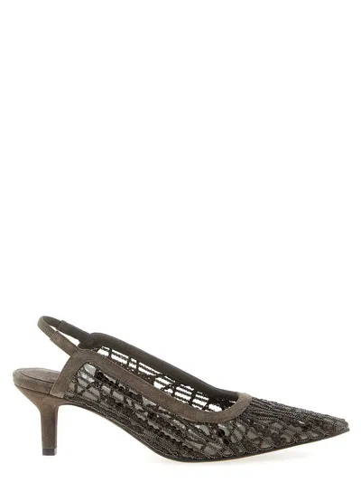 Brunello Cucinelli City Glistening Abstract Embroidery Slingback In Brown