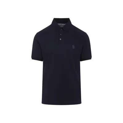 Brunello Cucinelli Classic Black Cotton Polo With Ribbed Trims In Blue