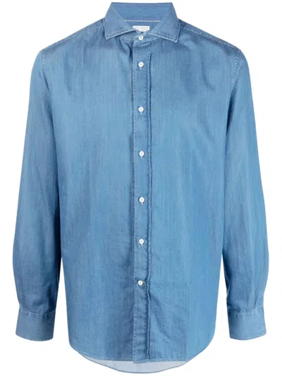 Brunello Cucinelli Classic Cotton Shirt With Front Button Fastening In Blue