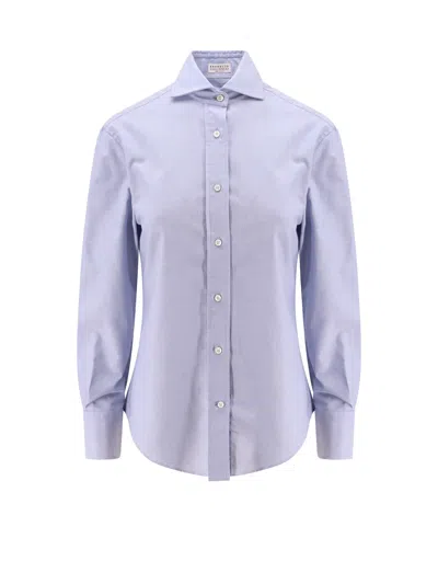 Brunello Cucinelli Classic Cotton Shirt With Monili Detail In Blue