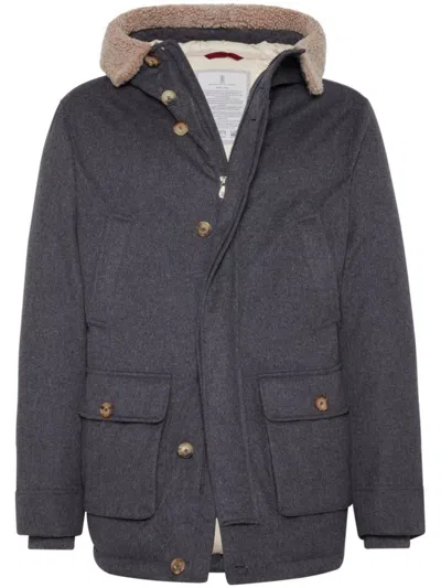 Brunello Cucinelli Classic Grey Parka With Faux Fur-lined Hood In Gray