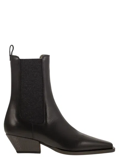 Brunello Cucinelli Classic Leather Chelsea Boot With Precious Block Heels In Brown