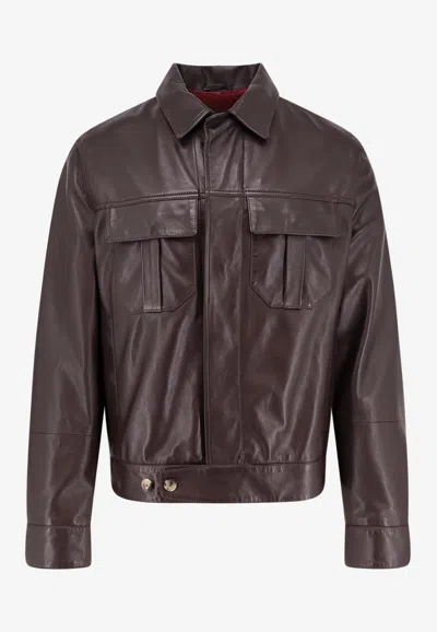 Brunello Cucinelli Classic Leather Jacket In Brown