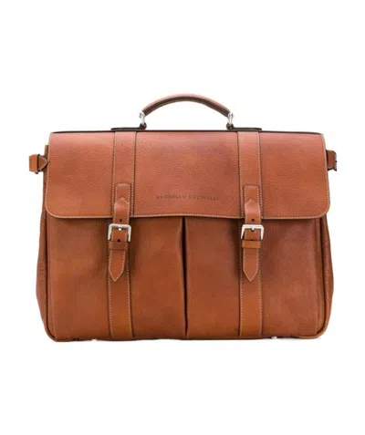 Brunello Cucinelli Classic Logo Printed Briefcase In Orange