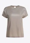 Brunello Cucinelli Keyhole Back Round Neck Satin Finish Tops In Neutral