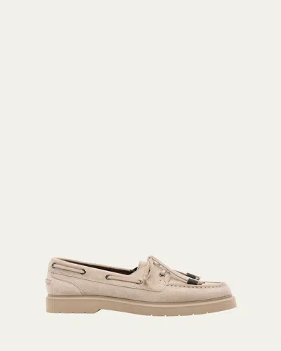 Brunello Cucinelli Classic Suede Boat Loafers In Dark Beige