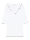 Brunello Cucinelli Ribbed V-neck 3/4 Sleeves Crewneck Contrast Trim In White