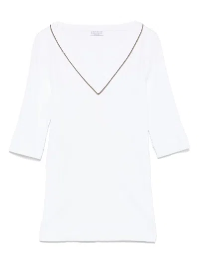 BRUNELLO CUCINELLI BRUNELLO CUCINELLI CLASSIC WHITE V-NECK TOP