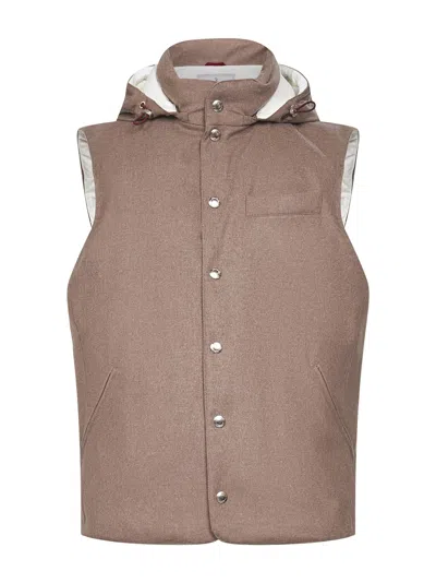 Brunello Cucinelli Clay Wool Padded Hooded Vest In Silver