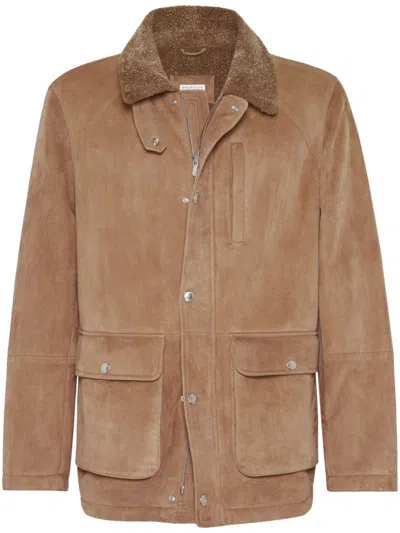 Brunello Cucinelli Shearling Lined Field Jacket For Men In Tan