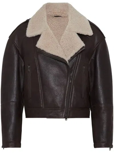 Brunello Cucinelli Shearling-trimmed Textured-leather Biker Jacket In Brown