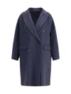 Brunello Cucinelli Double-breasted Black Cashmere Coat With Peak Lapels In Blue